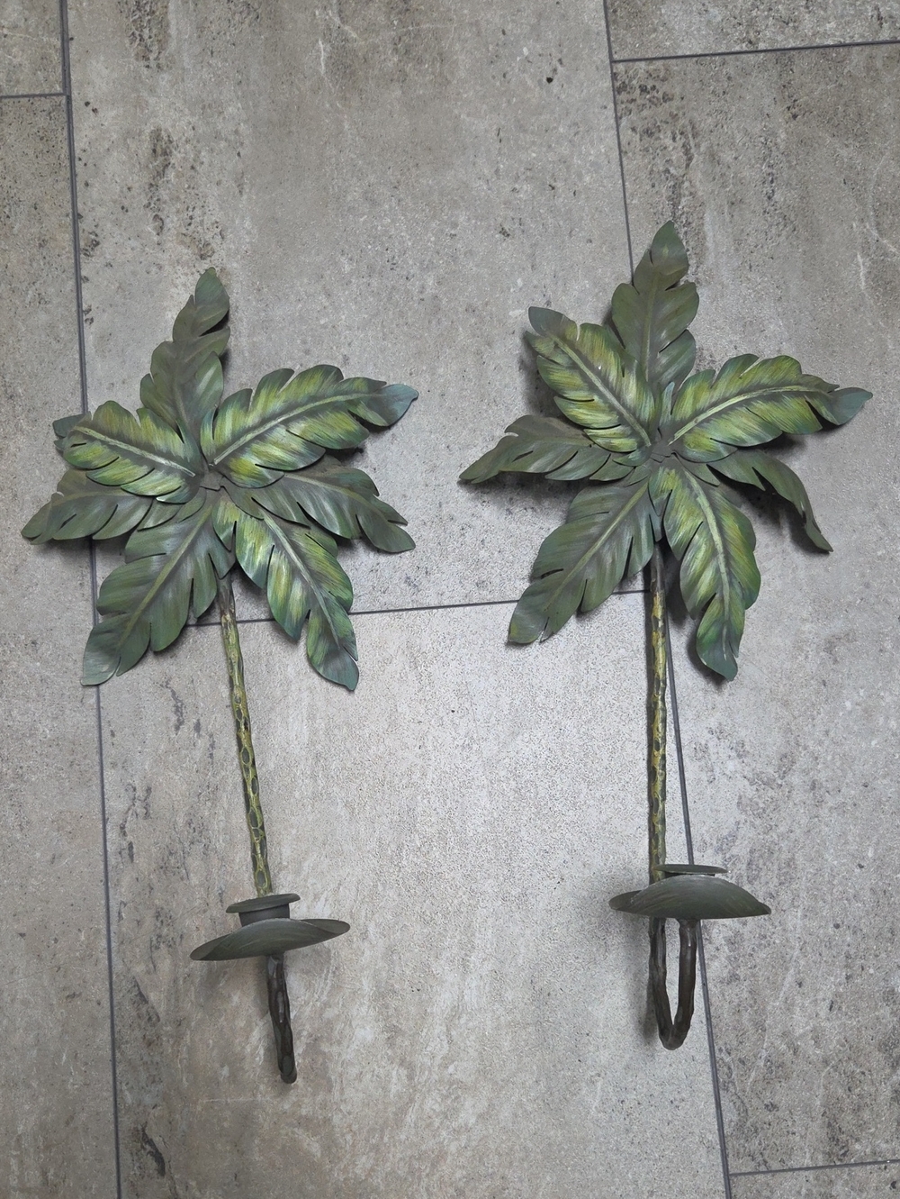 Green Palm Leaf Metal Wall Sconce Pair - Decorative Home Wall Decor
